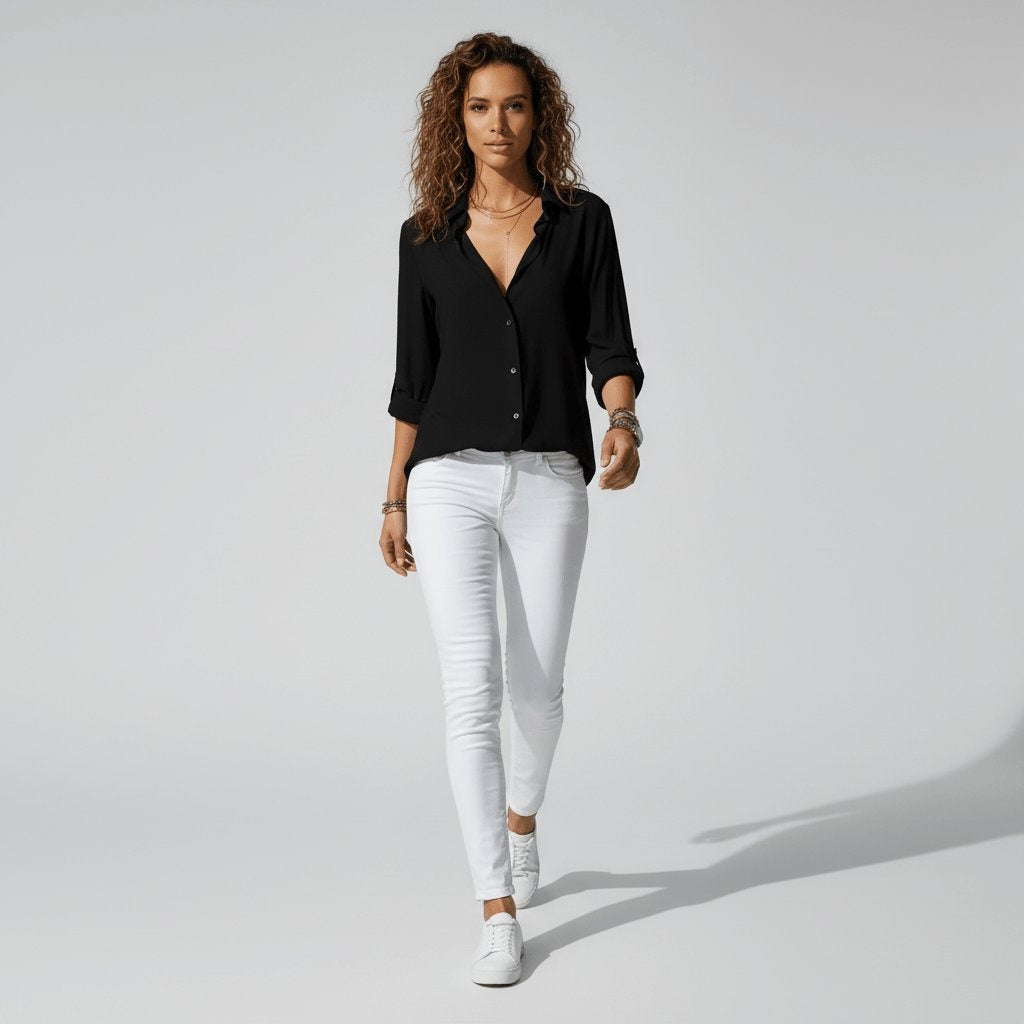 Women's Blouse with Relaxed Fit and Rollable Sleeves | L&S - 5 - London-stylehouse.com