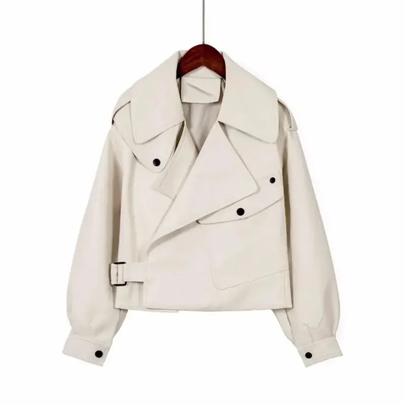 Women's Cropped Leather Look Jacket with Belted Waist | L&S - 1 - London-stylehouse.com