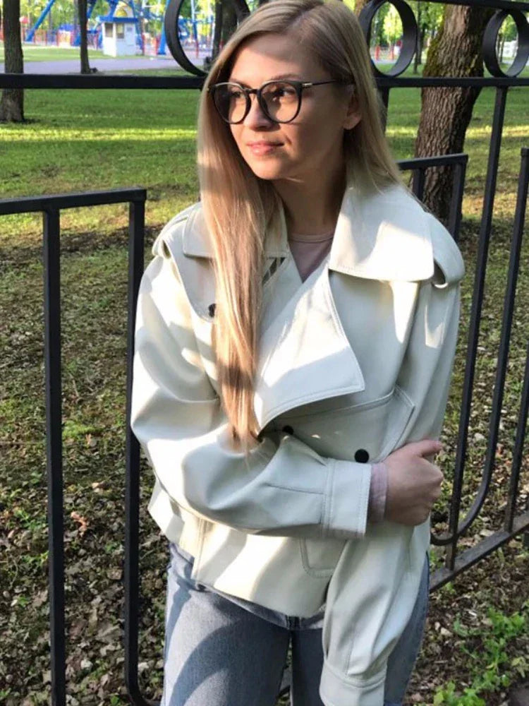 Women's Cropped Leather Look Jacket with Belted Waist | L&S - 2 - London-stylehouse.com