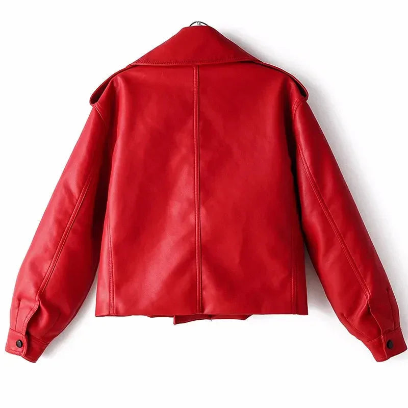Women's Cropped Leather Look Jacket with Belted Waist | L&S - 4 - London-stylehouse.com