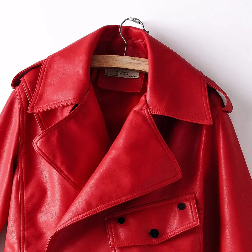 Women's Cropped Leather Look Jacket with Belted Waist | L&S - 5 - London-stylehouse.com