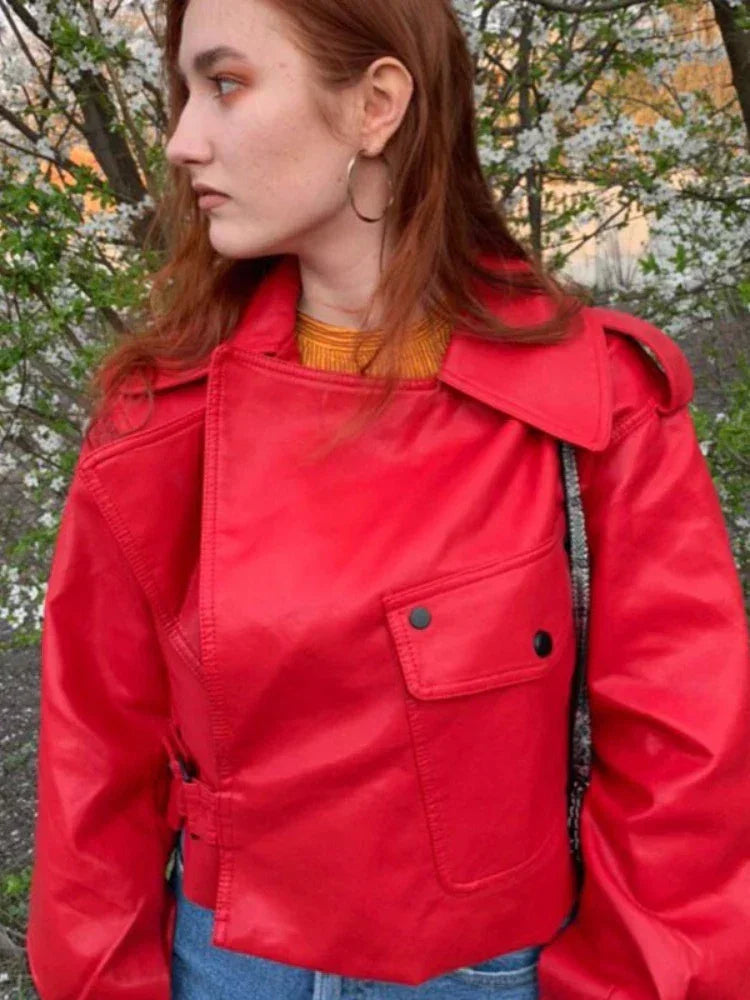 Women's Cropped Leather Look Jacket with Belted Waist | L&S - 6 - London-stylehouse.com