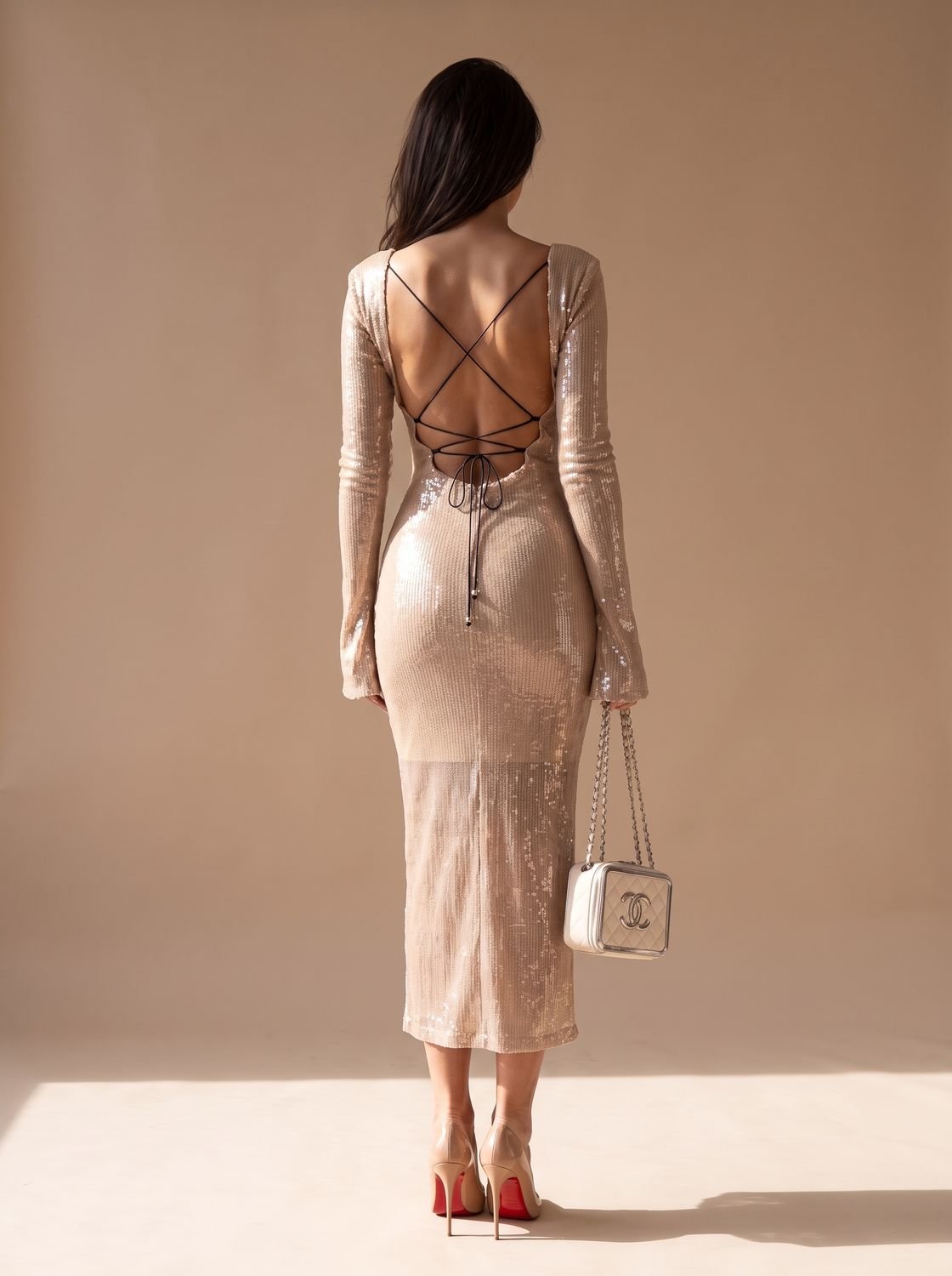 Women's Midi Dress with V-Neck and Flared Sleeves | L&S - 8 - London-stylehouse.com