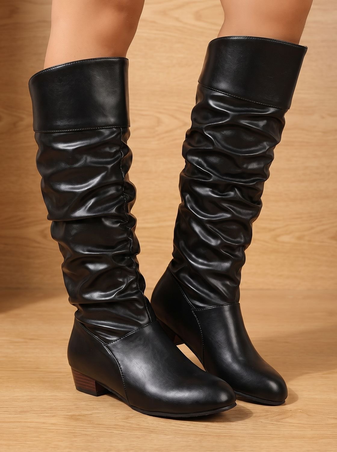Knee-High Boots Women's Slouchy Design with Low Block Heel | L&S - 4 - London-stylehouse.com