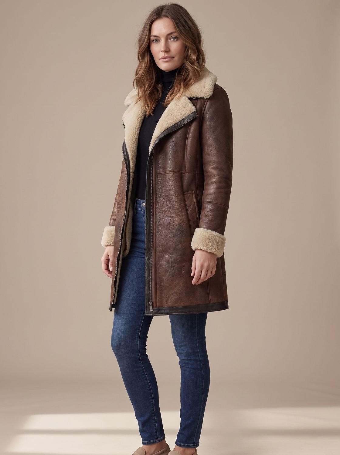 Women's Stylish Coat with Asymmetrical Zip and Plush Fur Collar - 1 - London-stylehouse.com