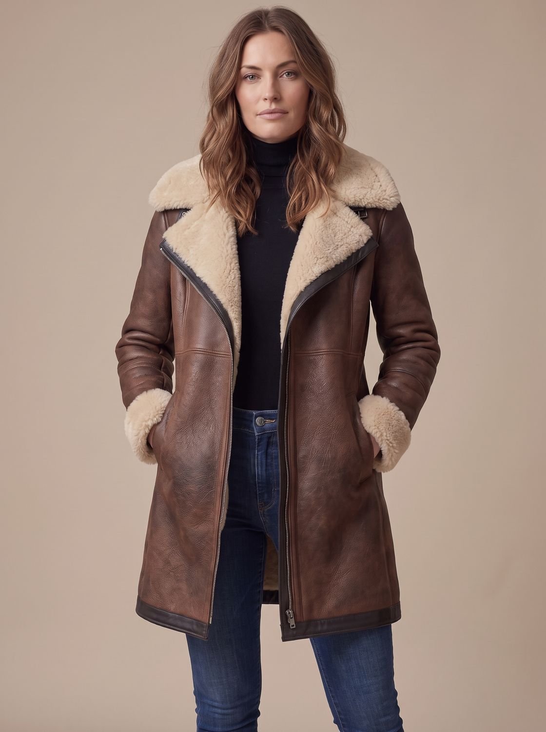 Women's Stylish Coat with Asymmetrical Zip and Plush Fur Collar - 3 - London-stylehouse.com