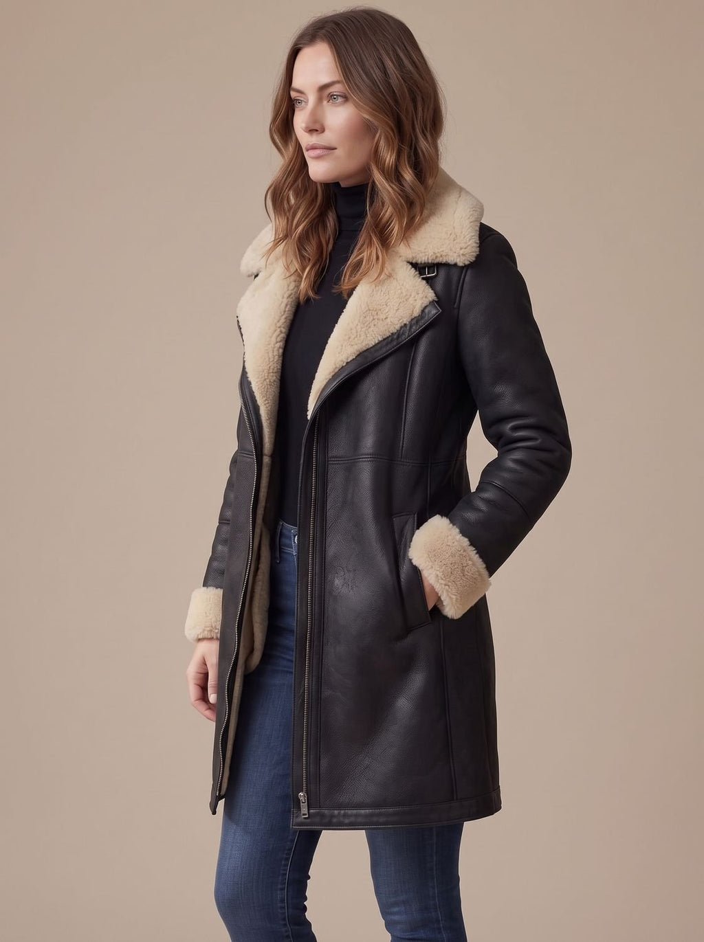 Women's Stylish Coat with Asymmetrical Zip and Plush Fur Collar - 5 - London-stylehouse.com