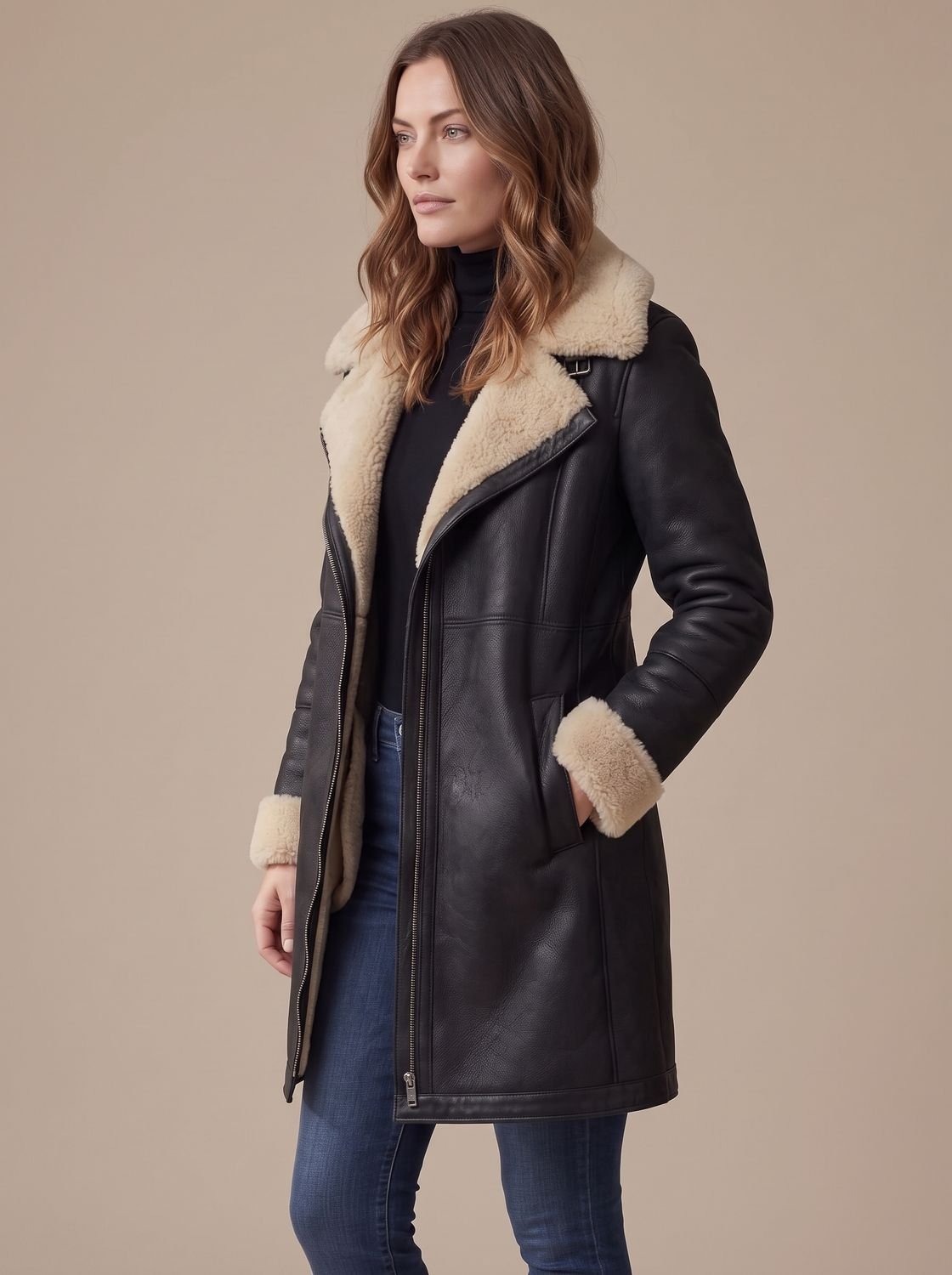 Women's Stylish Coat with Asymmetrical Zip and Plush Fur Collar - 5 - London-stylehouse.com