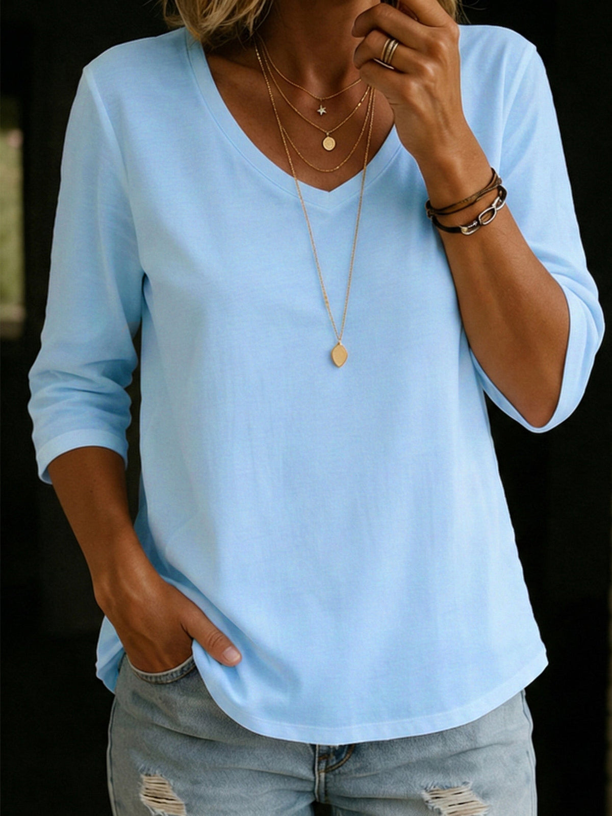 Women's V-Neck T-Shirt with Three-Quarter Sleeves and Relaxed Fit - 1 - London-stylehouse.com