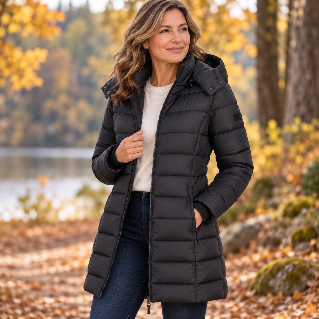 Women's Padded Coat with Hood and Zip Closure - 13 - London-stylehouse.com