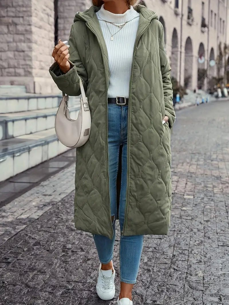 Long Women's Hooded Quilted Jacket with Relaxed Fit - 1 - London-stylehouse.com