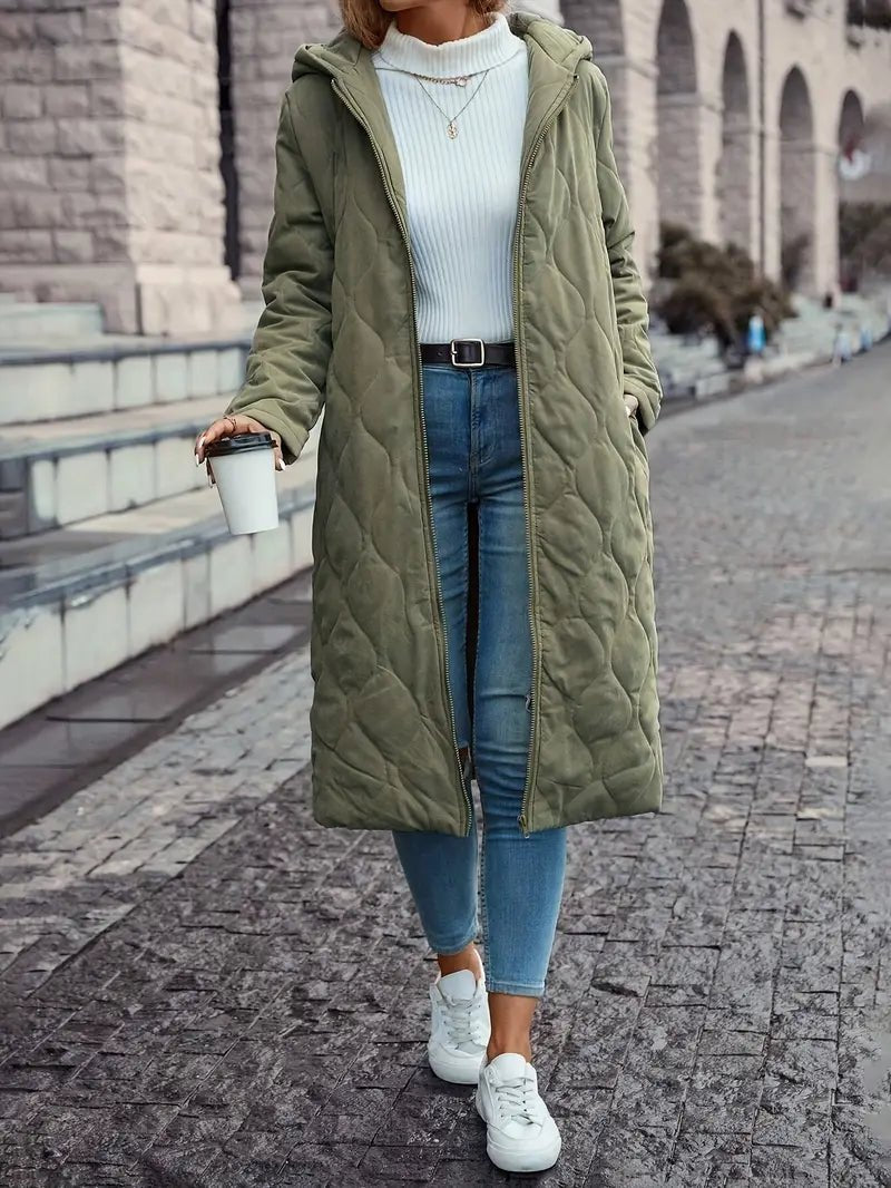 Long Women's Hooded Quilted Jacket with Relaxed Fit - 2 - London-stylehouse.com