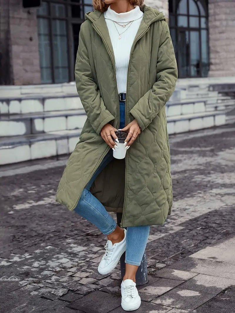 Long Women's Hooded Quilted Jacket with Relaxed Fit - 3 - London-stylehouse.com