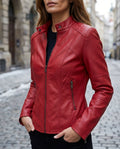 Women's Biker Jacket with Tailored Fit and Stand-Up Collar - 1 - London-stylehouse.com