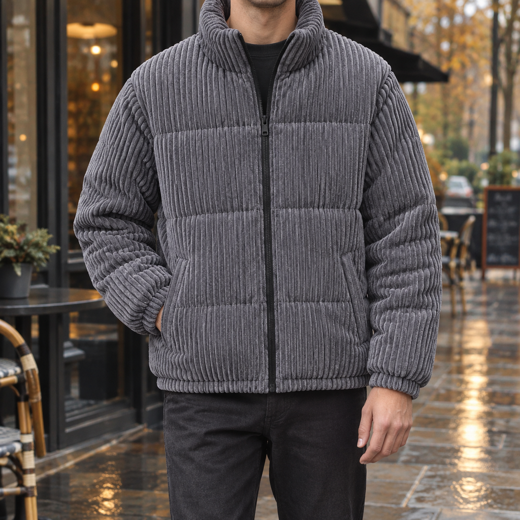 Men's Padded Jacket with Stand Collar and Zip Closure - 1 - London-stylehouse.com