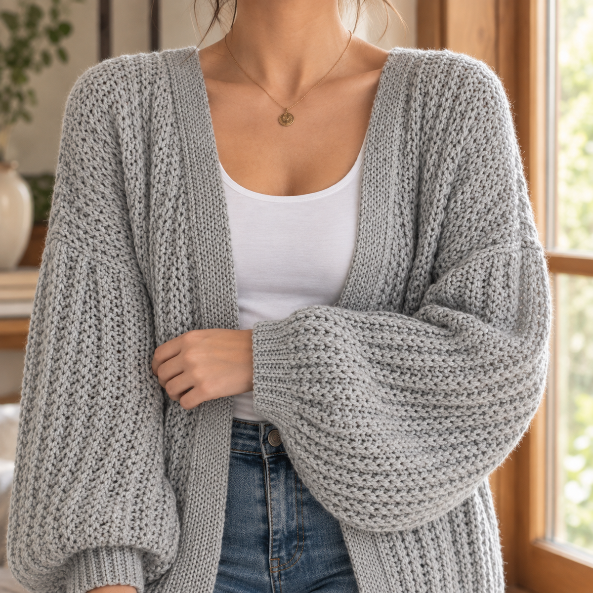 Women's Cardigan in Relaxed Fit with Balloon Sleeves - 2 - London-stylehouse.com