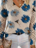 Pullover Women's V-Neck Floral Design with Open Knit Detail - 1 - London-stylehouse.com
