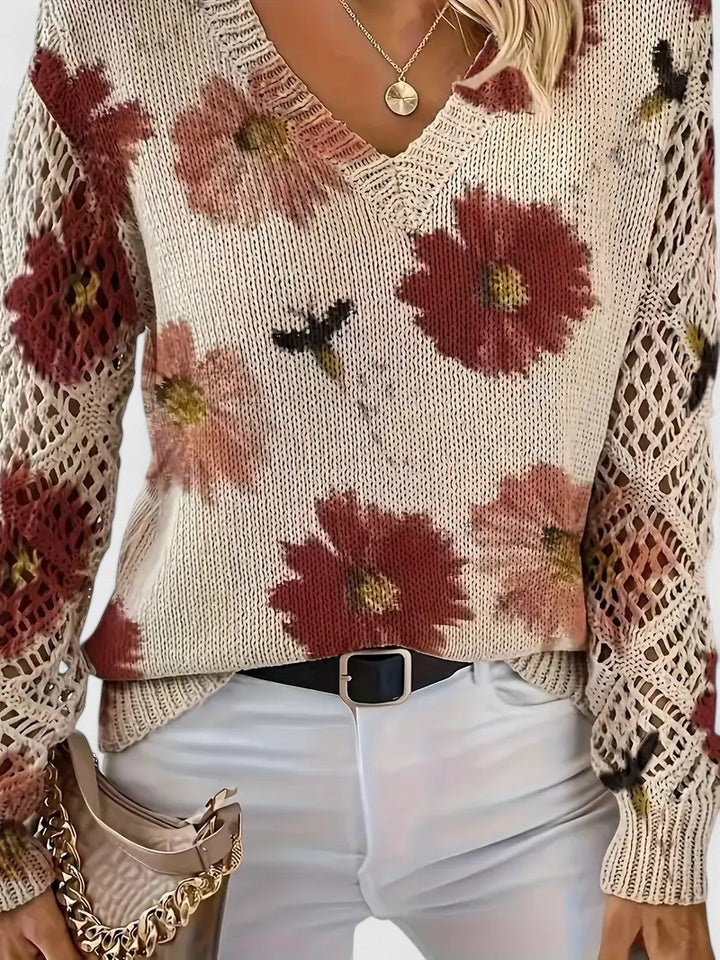 Pullover Women's V-Neck Floral Design with Open Knit Detail - 2 - London-stylehouse.com
