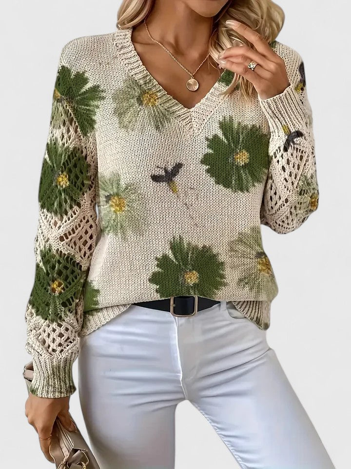 Pullover Women's V-Neck Floral Design with Open Knit Detail - 3 - London-stylehouse.com