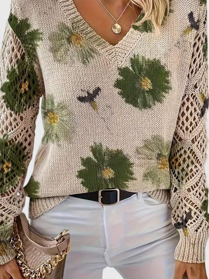 Pullover Women's V-Neck Floral Design with Open Knit Detail - 4 - London-stylehouse.com