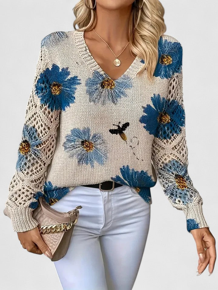Pullover Women's V-Neck Floral Design with Open Knit Detail - 5 - London-stylehouse.com