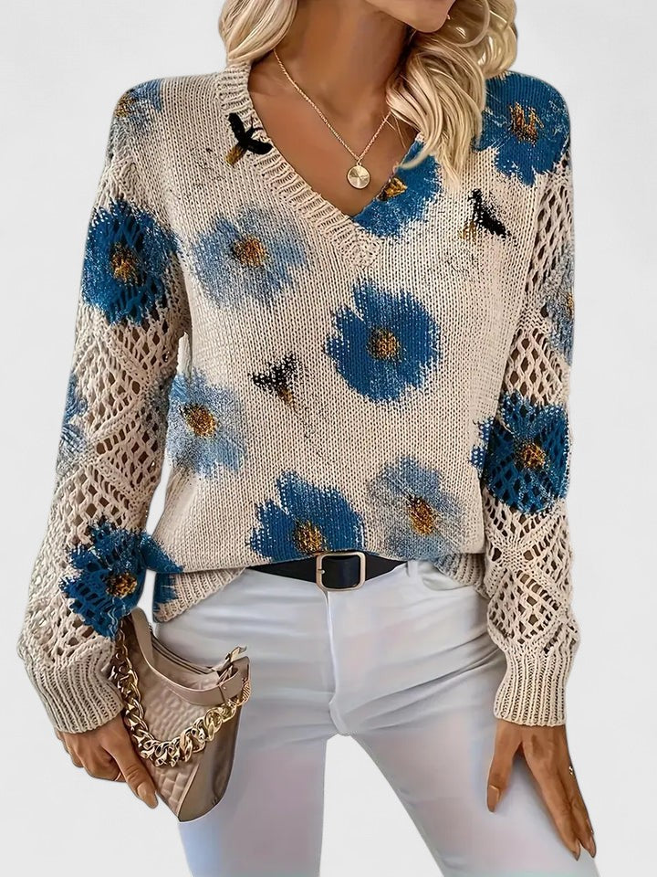 Pullover Women's V-Neck Floral Design with Open Knit Detail - 6 - London-stylehouse.com