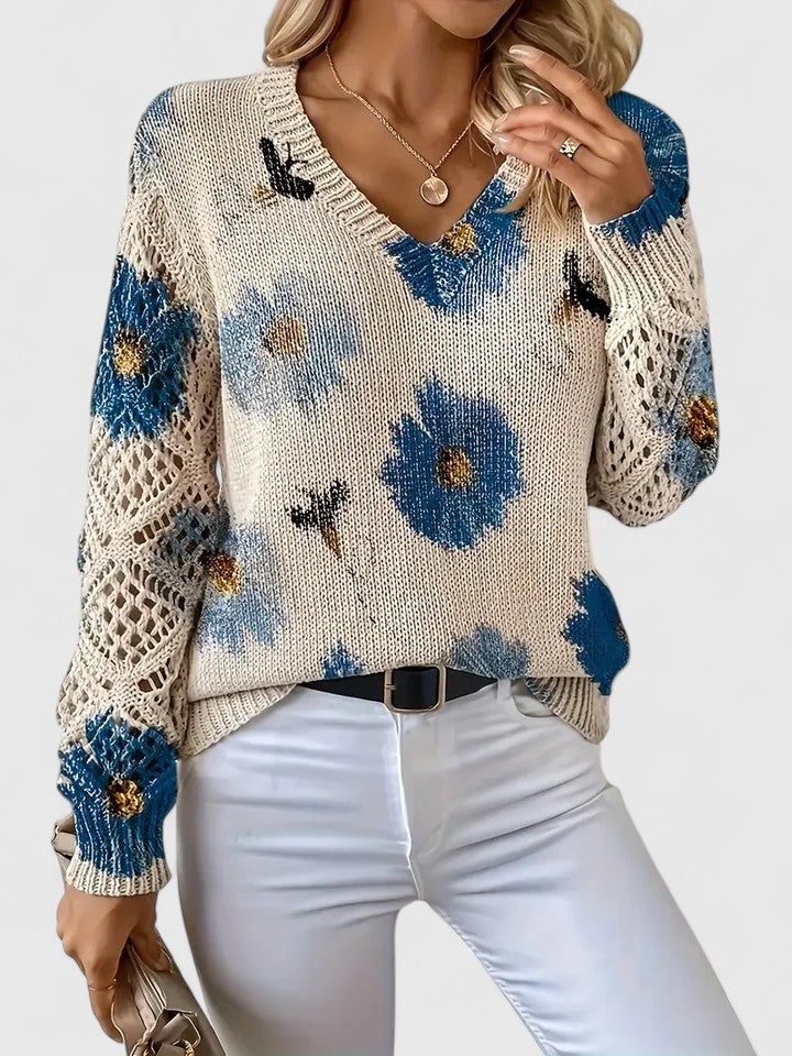 Pullover Women's V-Neck Floral Design with Open Knit Detail - 7 - London-stylehouse.com