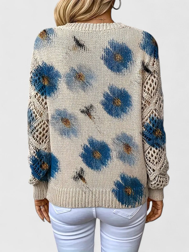 Pullover Women's V-Neck Floral Design with Open Knit Detail - 8 - London-stylehouse.com