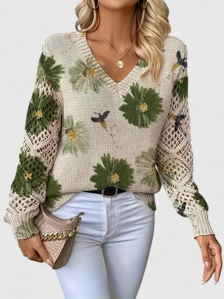 Pullover Women's V-Neck Floral Design with Open Knit Detail - 9 - London-stylehouse.com