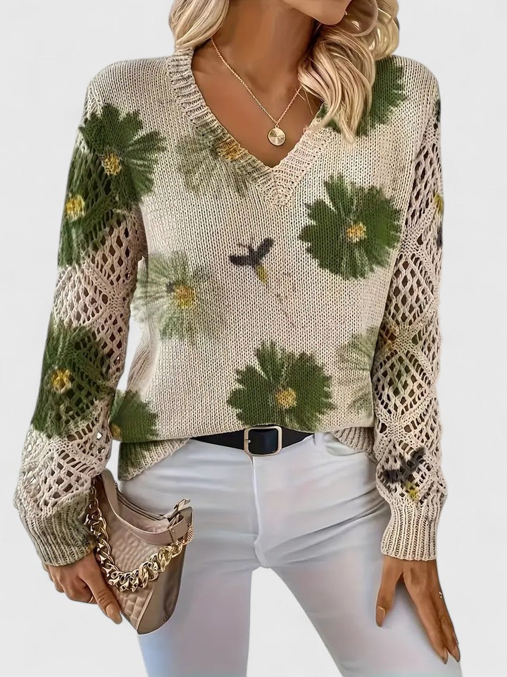 Pullover Women's V-Neck Floral Design with Open Knit Detail - 10 - London-stylehouse.com