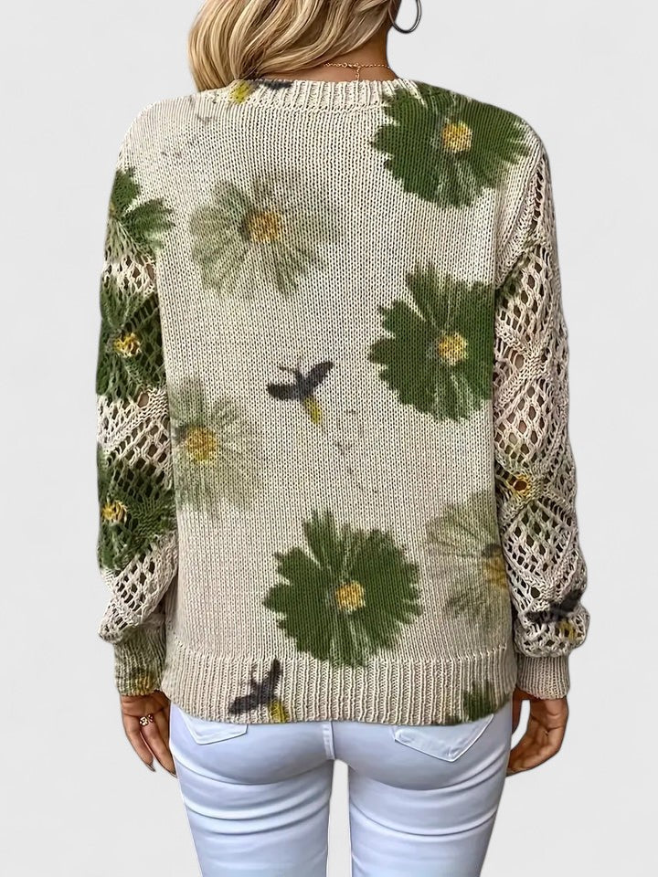 Pullover Women's V-Neck Floral Design with Open Knit Detail - 11 - London-stylehouse.com