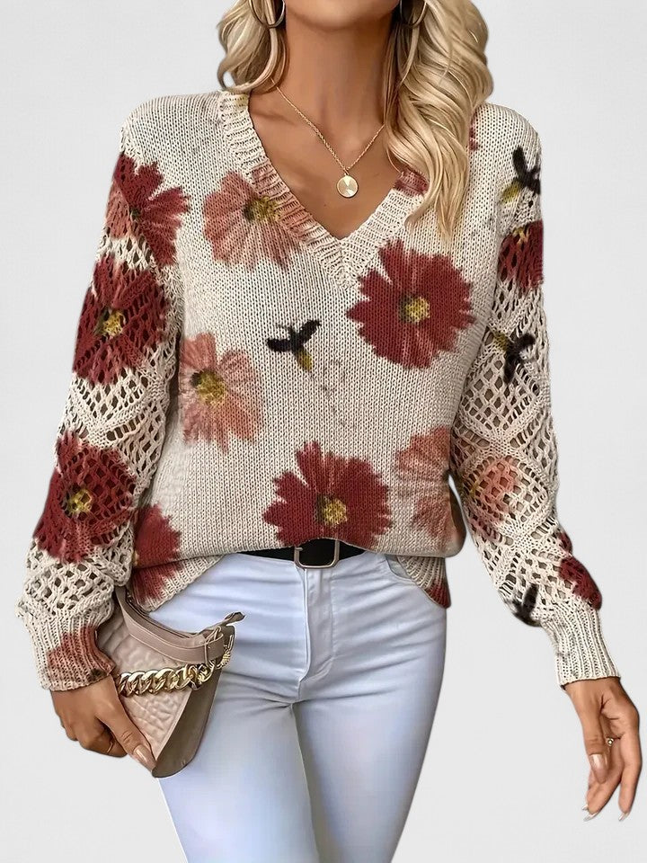Pullover Women's V-Neck Floral Design with Open Knit Detail - 12 - London-stylehouse.com