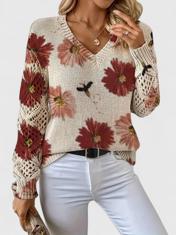 Pullover Women's V-Neck Floral Design with Open Knit Detail - 13 - London-stylehouse.com