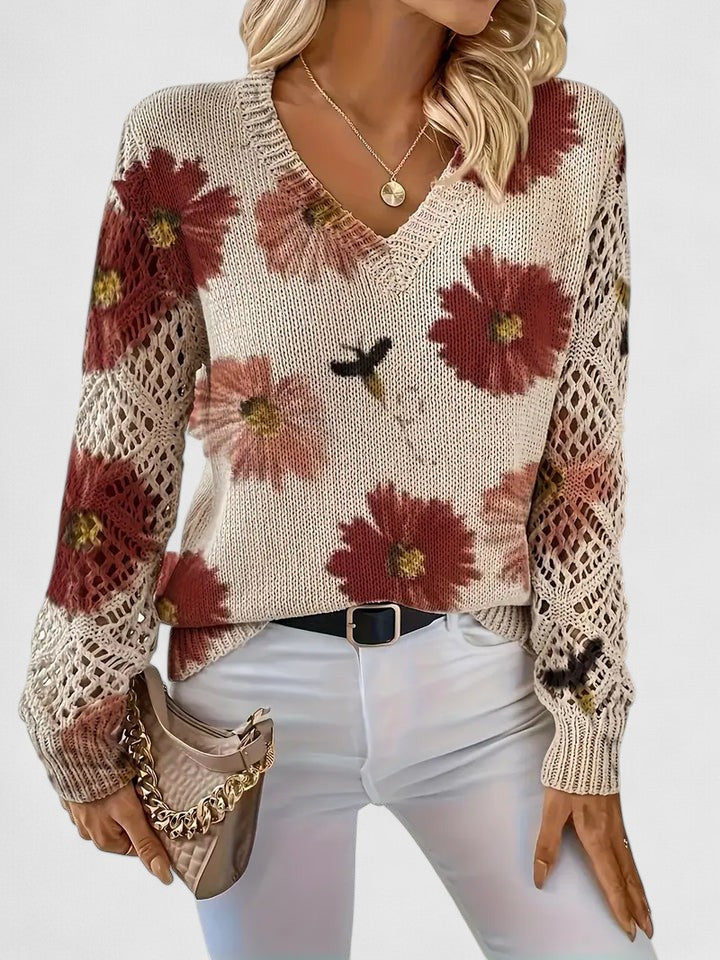 Pullover Women's V-Neck Floral Design with Open Knit Detail - 14 - London-stylehouse.com
