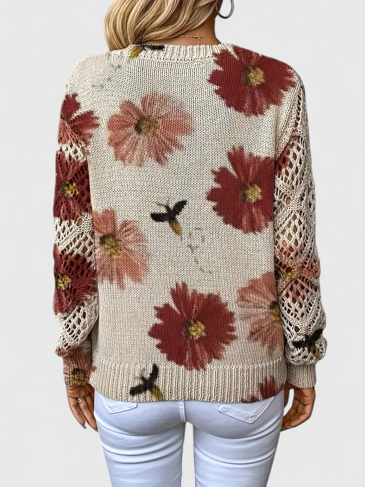 Pullover Women's V-Neck Floral Design with Open Knit Detail - 15 - London-stylehouse.com