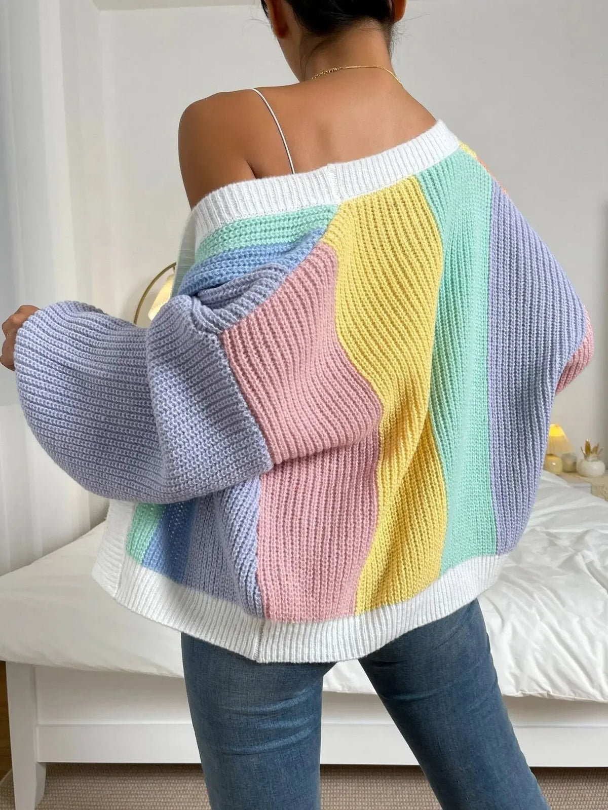 Women's Colour Block Cardigan with Oversized Fit | L&S - 2 - London-stylehouse.com