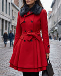 Women's Flared Coat with Belt and Faux Fur Collar | L&S - 1 - London-stylehouse.com