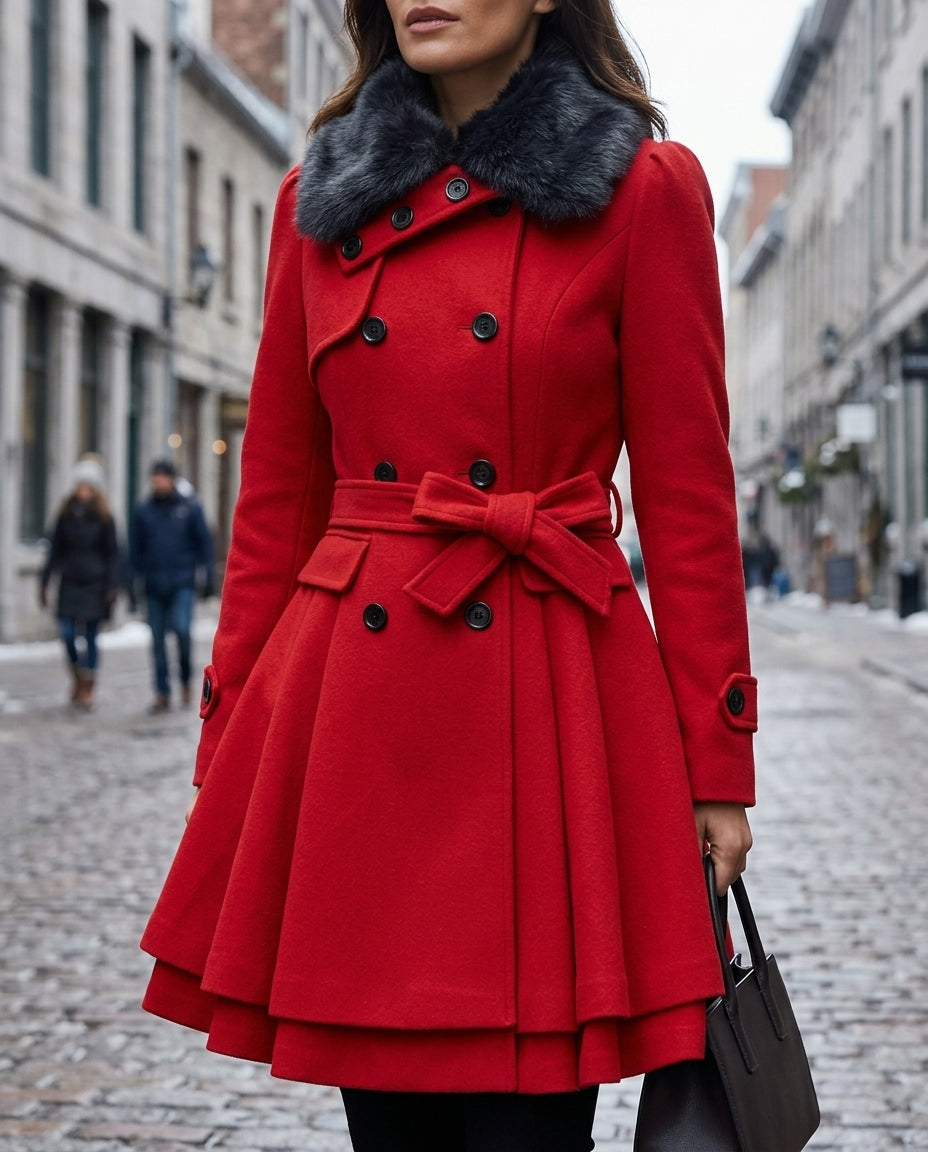 Women's Flared Coat with Belt and Faux Fur Collar | L&S - 1 - London-stylehouse.com