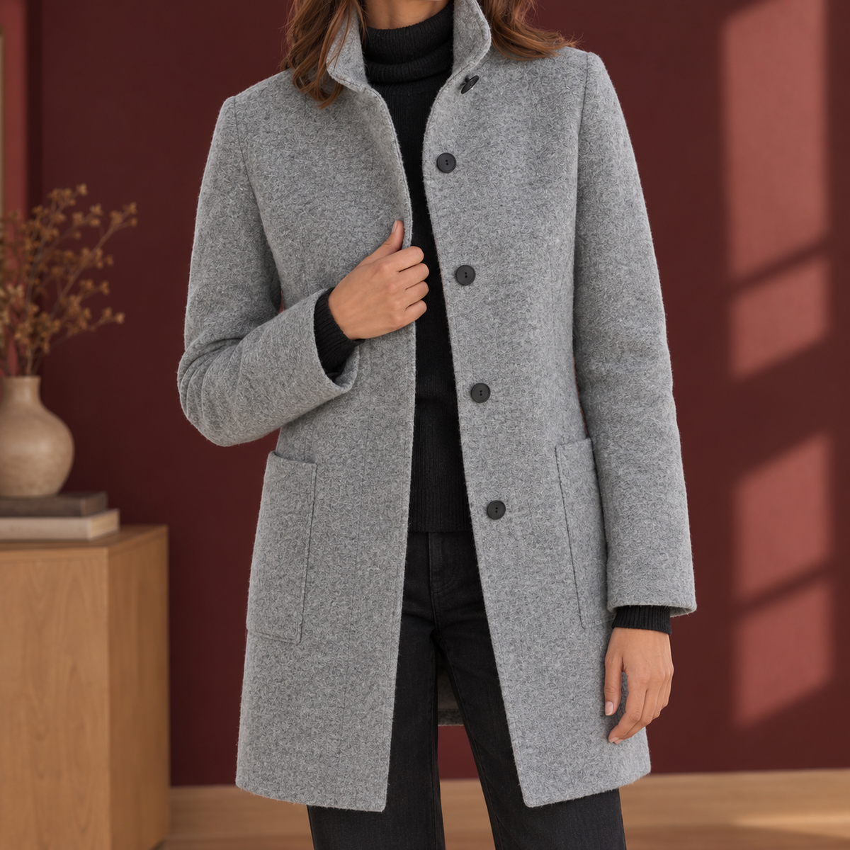 Women's Tailored Coat with Stand-Up Collar and Button Closure - 1 - London-stylehouse.com