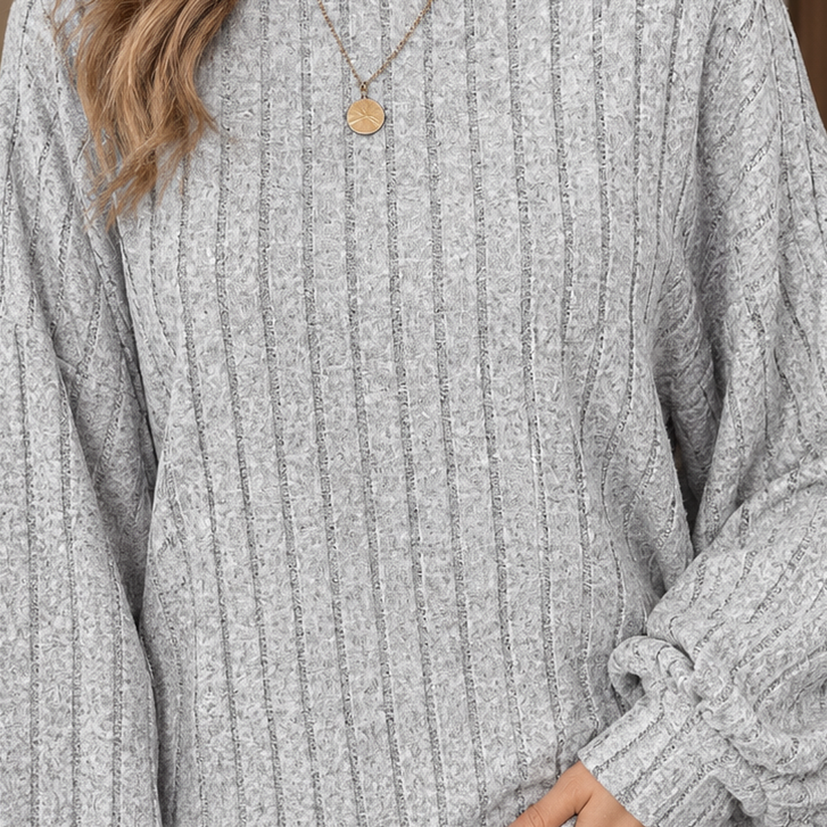 Pullover Women's Sweater with Balloon Sleeves and Textured Finish - 2 - London-stylehouse.com