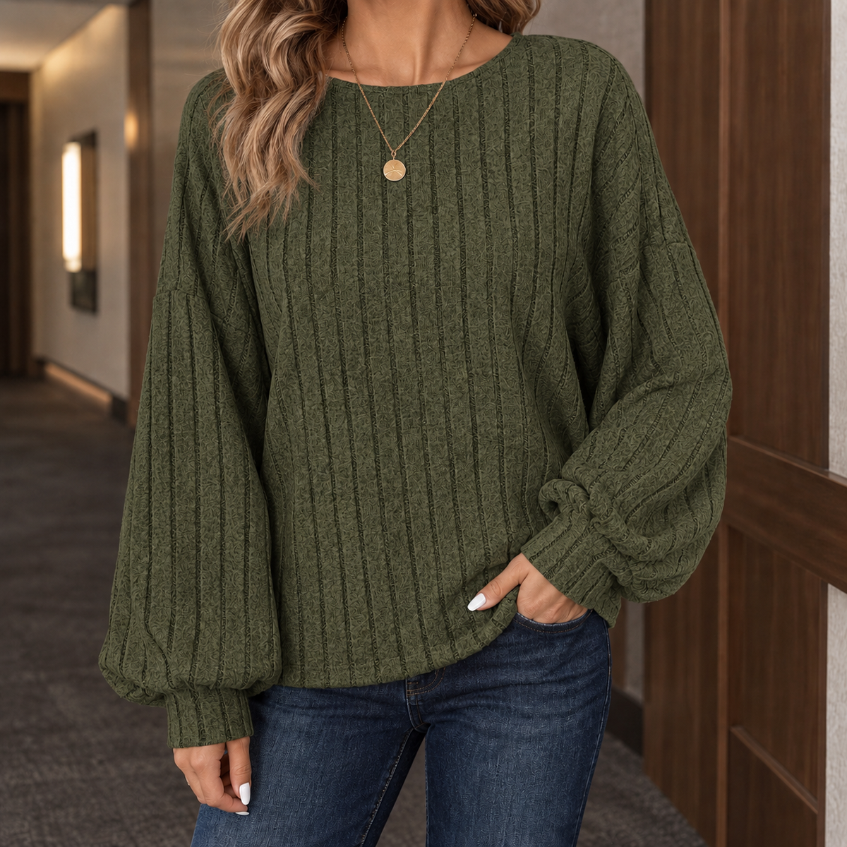 Pullover Women's Sweater with Balloon Sleeves and Textured Finish - 3 - London-stylehouse.com
