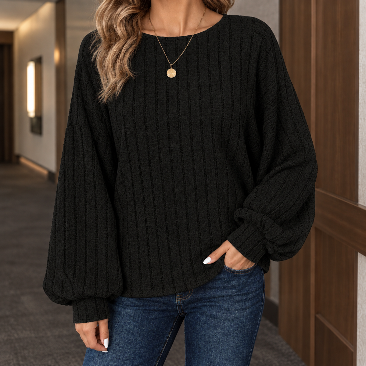 Pullover Women's Sweater with Balloon Sleeves and Textured Finish - 4 - London-stylehouse.com