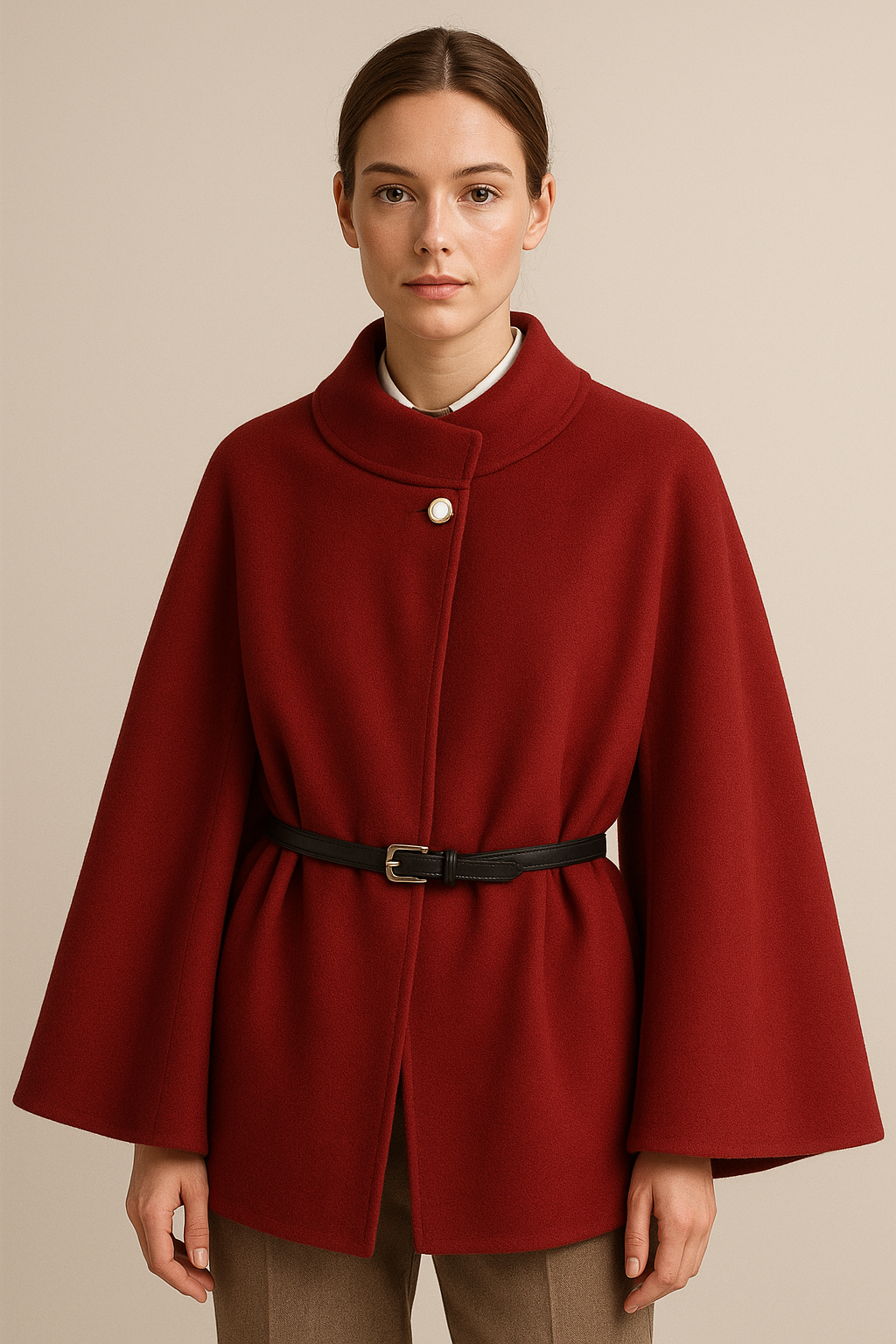 Women's Coat with Elegant Cape Design and Waist Belt - 1 - London-stylehouse.com
