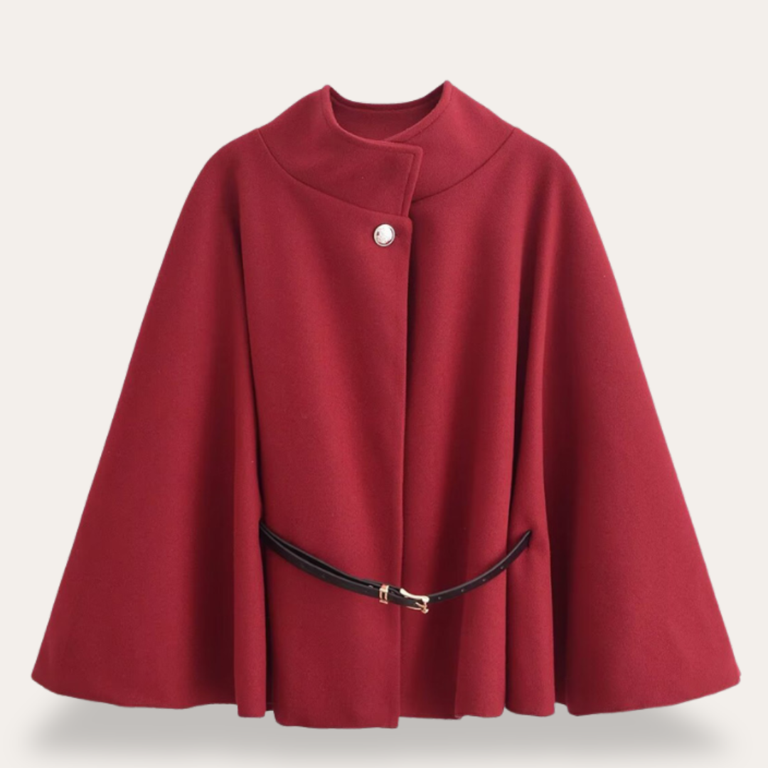 Women's Coat with Elegant Cape Design and Waist Belt - 2 - London-stylehouse.com