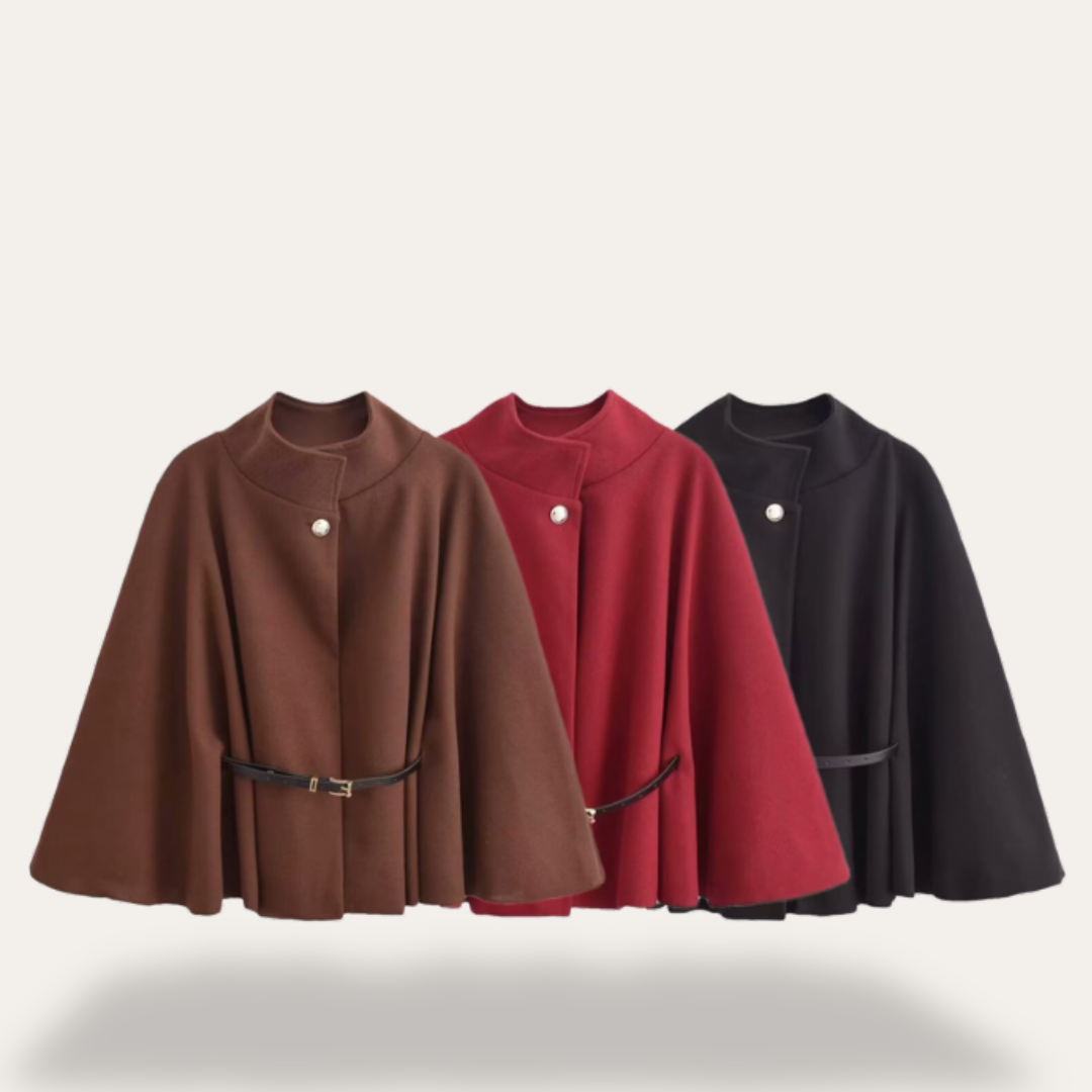Women's Coat with Elegant Cape Design and Waist Belt - 3 - London-stylehouse.com