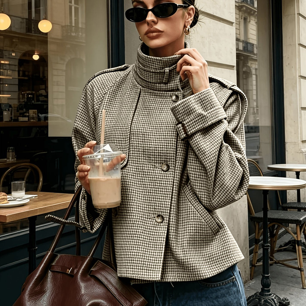 Women's Checkered Jacket with High Collar and Relaxed Fit - 1 - London-stylehouse.com