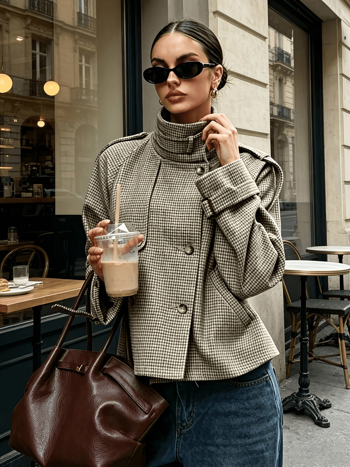 Women's Checkered Jacket with High Collar and Relaxed Fit - 2 - London-stylehouse.com