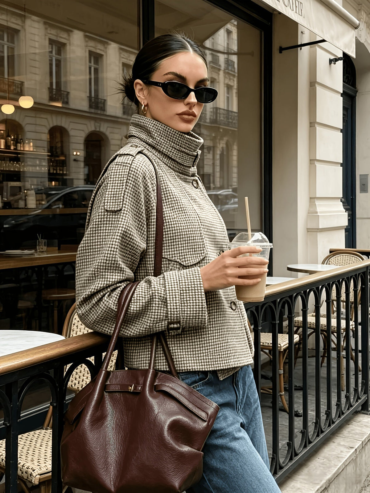 Women's Checkered Jacket with High Collar and Relaxed Fit - 3 - London-stylehouse.com