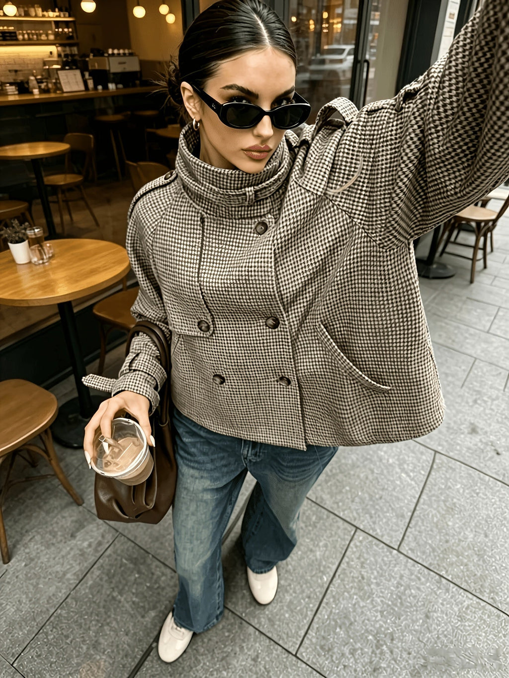 Women's Checkered Jacket with High Collar and Relaxed Fit - 4 - London-stylehouse.com