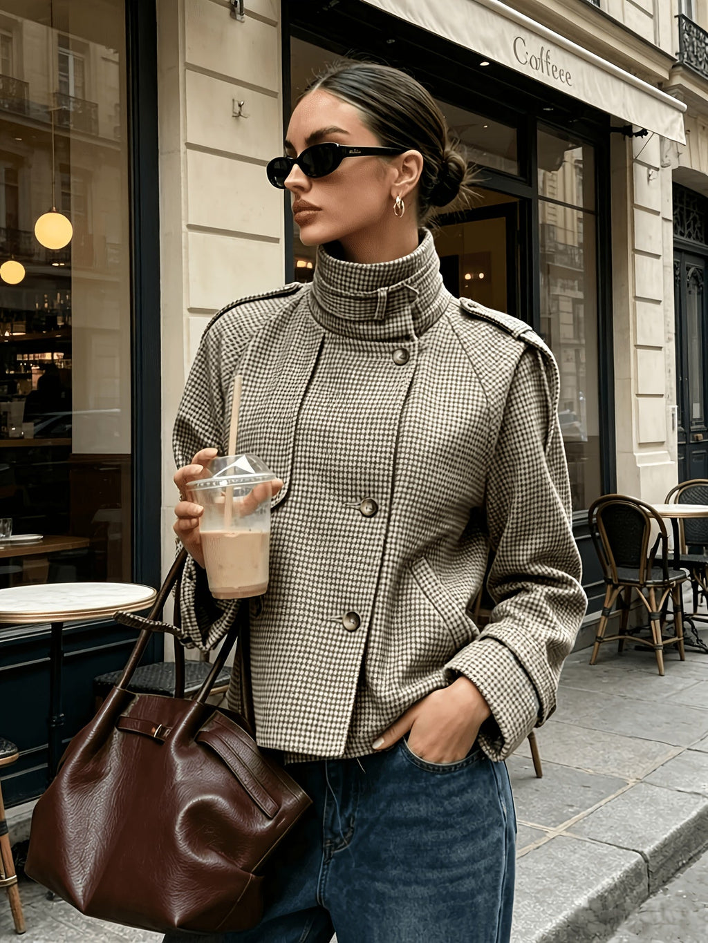 Women's Checkered Jacket with High Collar and Relaxed Fit - 5 - London-stylehouse.com